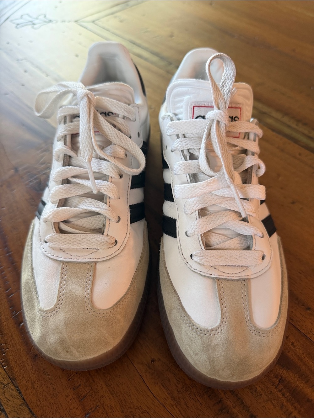 adidas Kids samba White Sneakers with Black Stripes and Tan Suede